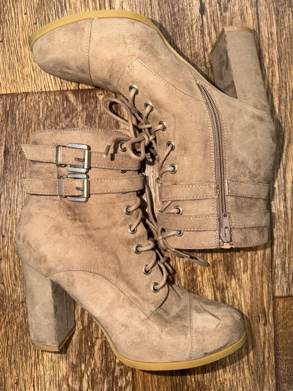 Madden Girl Suede Lace-Up Block Heel Ankle Boot - Taupe